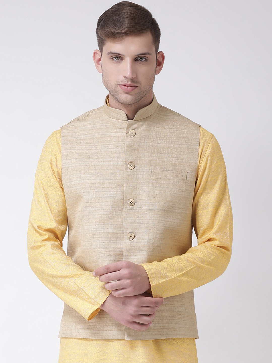 

TABARD Men Beige Solid Pure Silk Woven Nehru Jacket