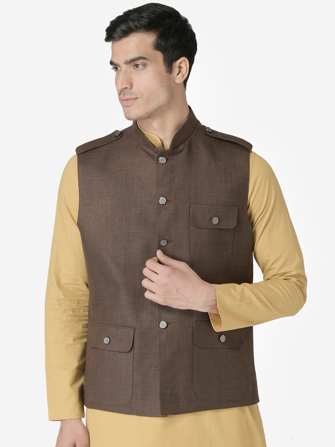 

TABARD Men Brown Solid Pure Cotton Woven Nehru Jacket