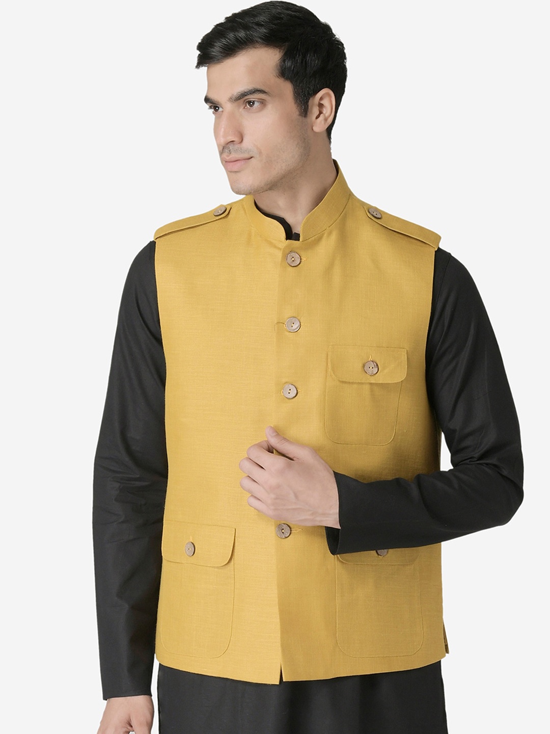 

TABARD Men Yellow Solid Pure Cotton Woven Nehru Jacket