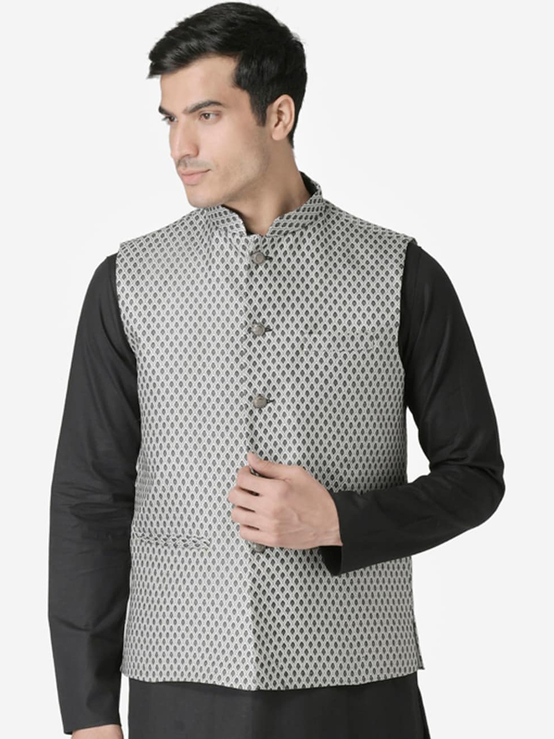

TABARD Men Black & Grey Printed Nehru Jacket