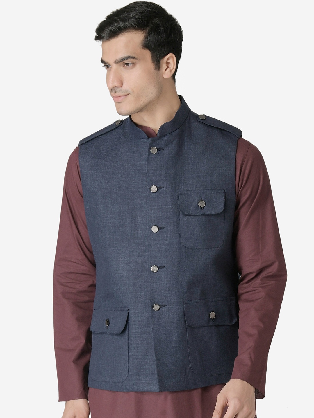 

TABARD Men Navy Blue Solid Woven Pure Cotton Nehru Jacket