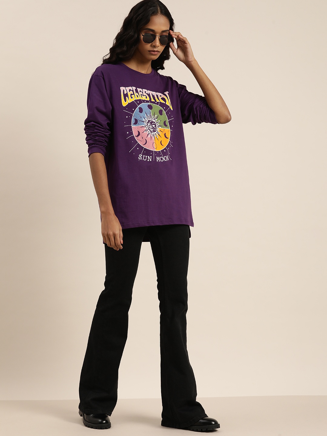 

DILLINGER Women Purple Typography Printed Drop-Shoulder Sleeves Cotton Loose T-shirt