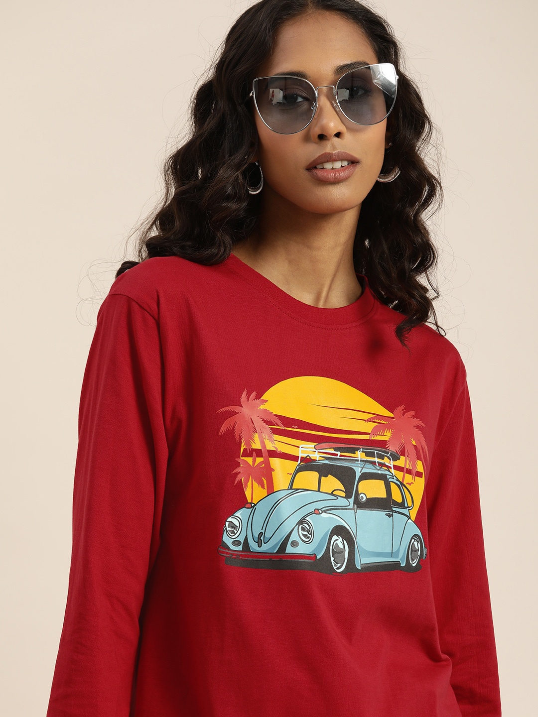 

DILLINGER Women Red Graphic Printed Round Neck Drop-Shoulder Sleeves Cotton Loose T-shirt