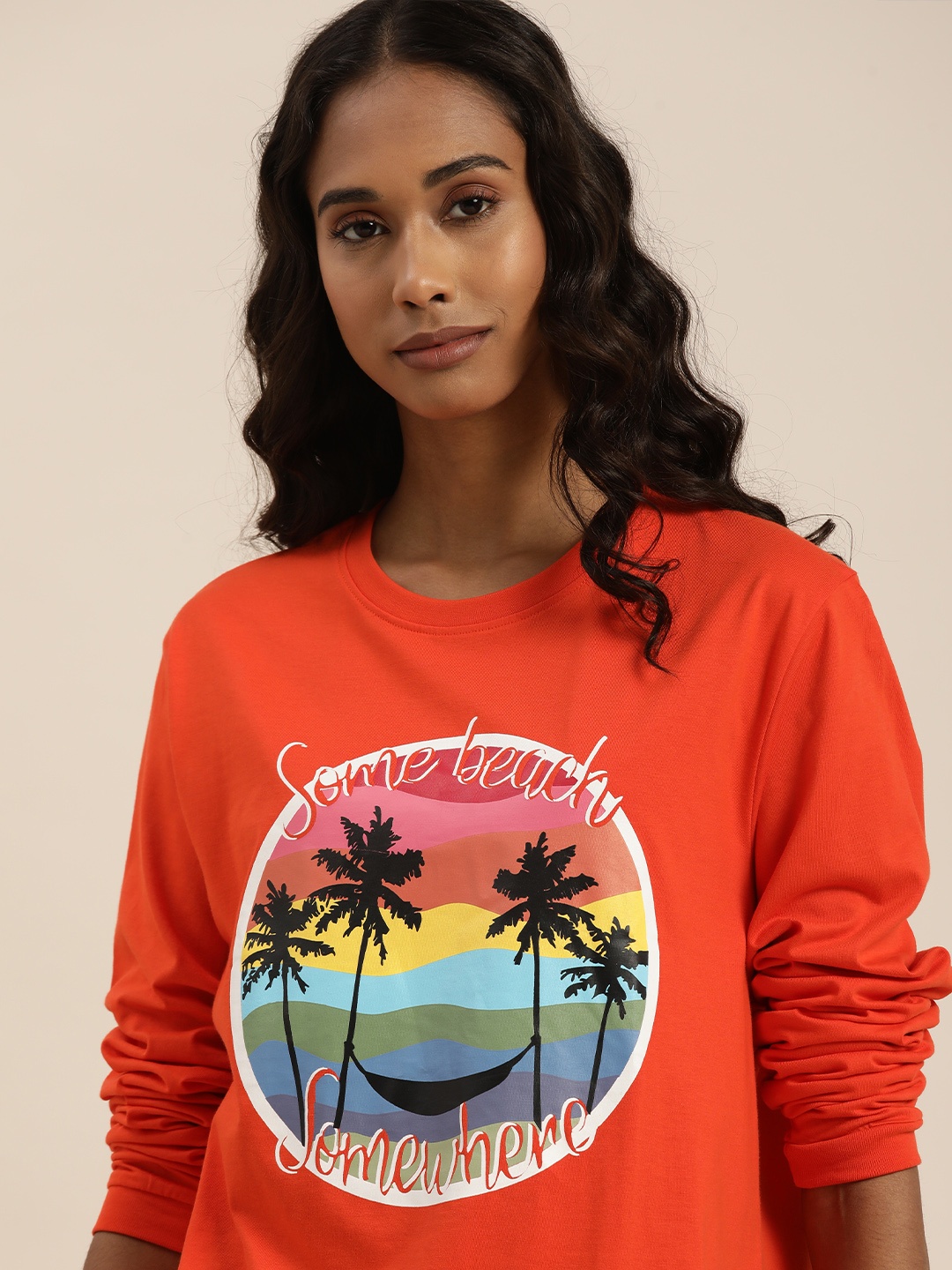 

DILLINGER Women Orange Graphic Printed Drop-Shoulder Sleeves Cotton Loose T-shirt