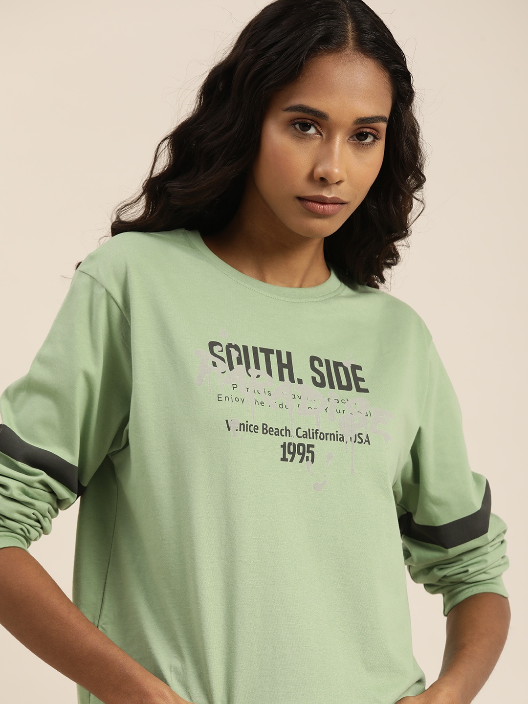 

DILLINGER Women Green Typography Printed Drop-Shoulder Sleeves Cotton Loose T-shirt