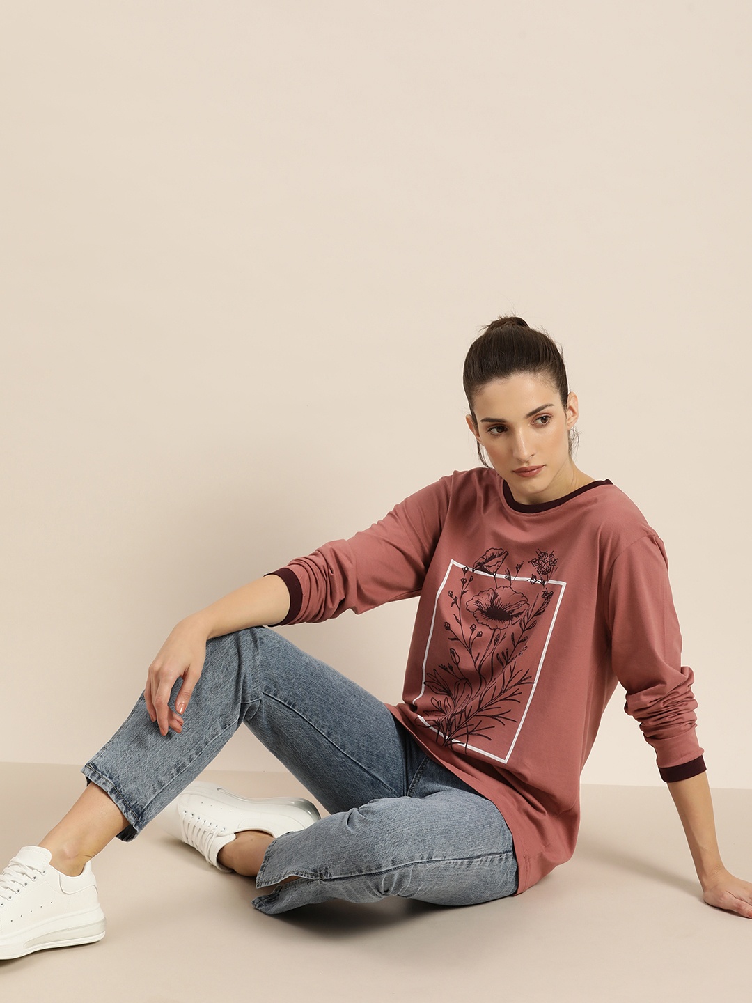 

DILLINGER Women Pink Floral Printed Drop-Shoulder Sleeves Cotton OversizedT-shirt