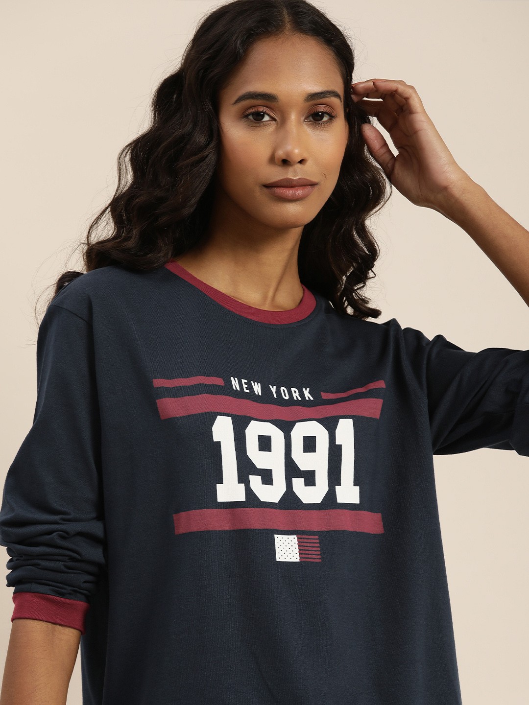 

DILLINGER Women Navy Blue Typography Printed Drop-Shoulder Sleeves Cotton Loose T-shirt