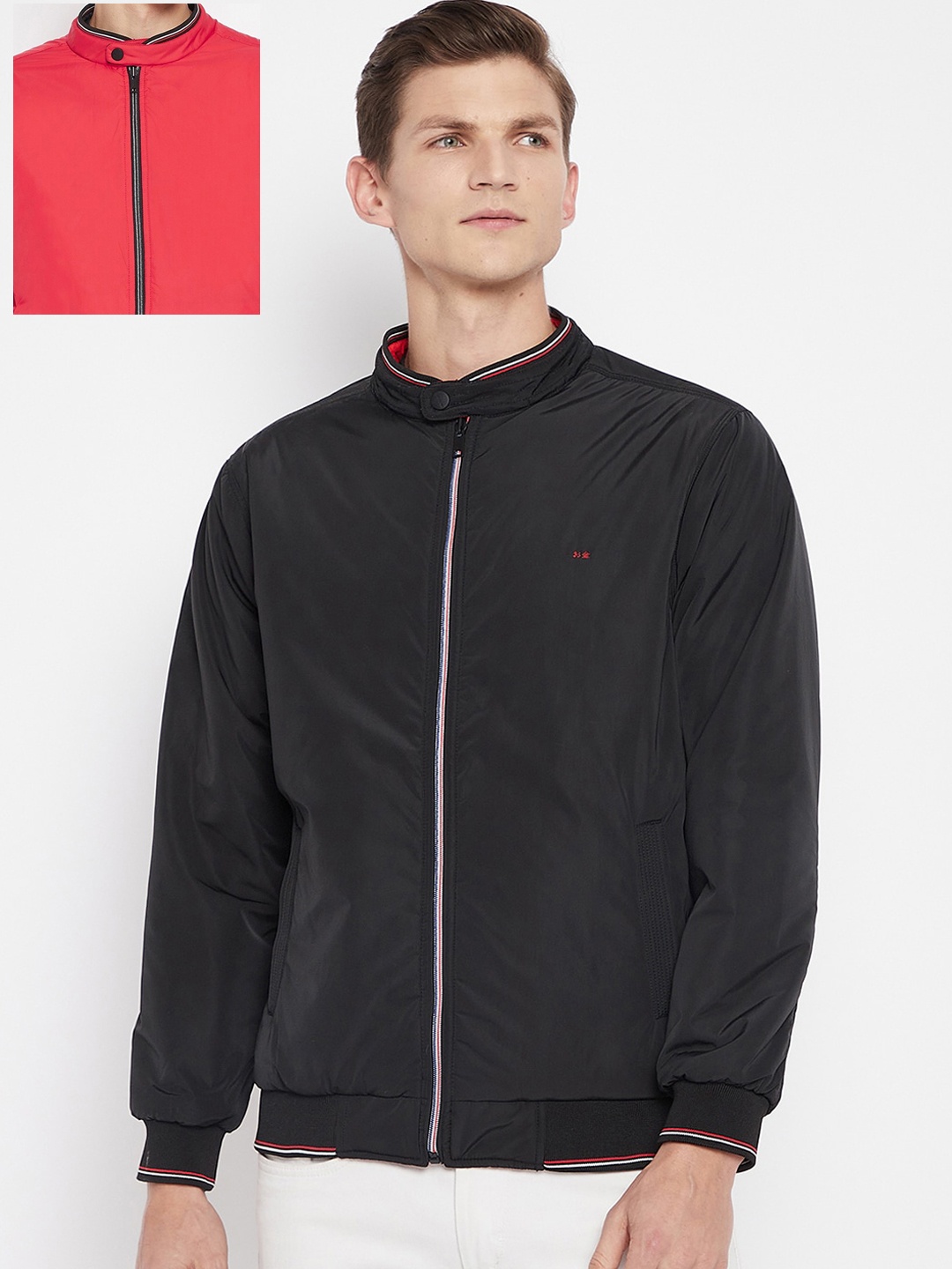 

Okane Men Black Reversible Bomber with Embroidered Jacket