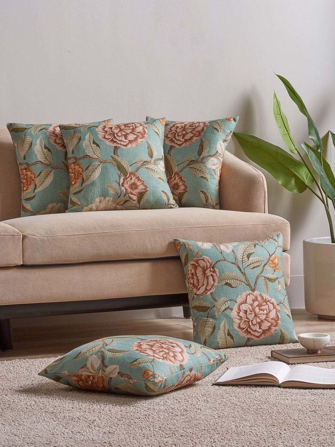 

DDecor Turquoise Blue & Beige Set of 5 Floral Square Cushion Covers