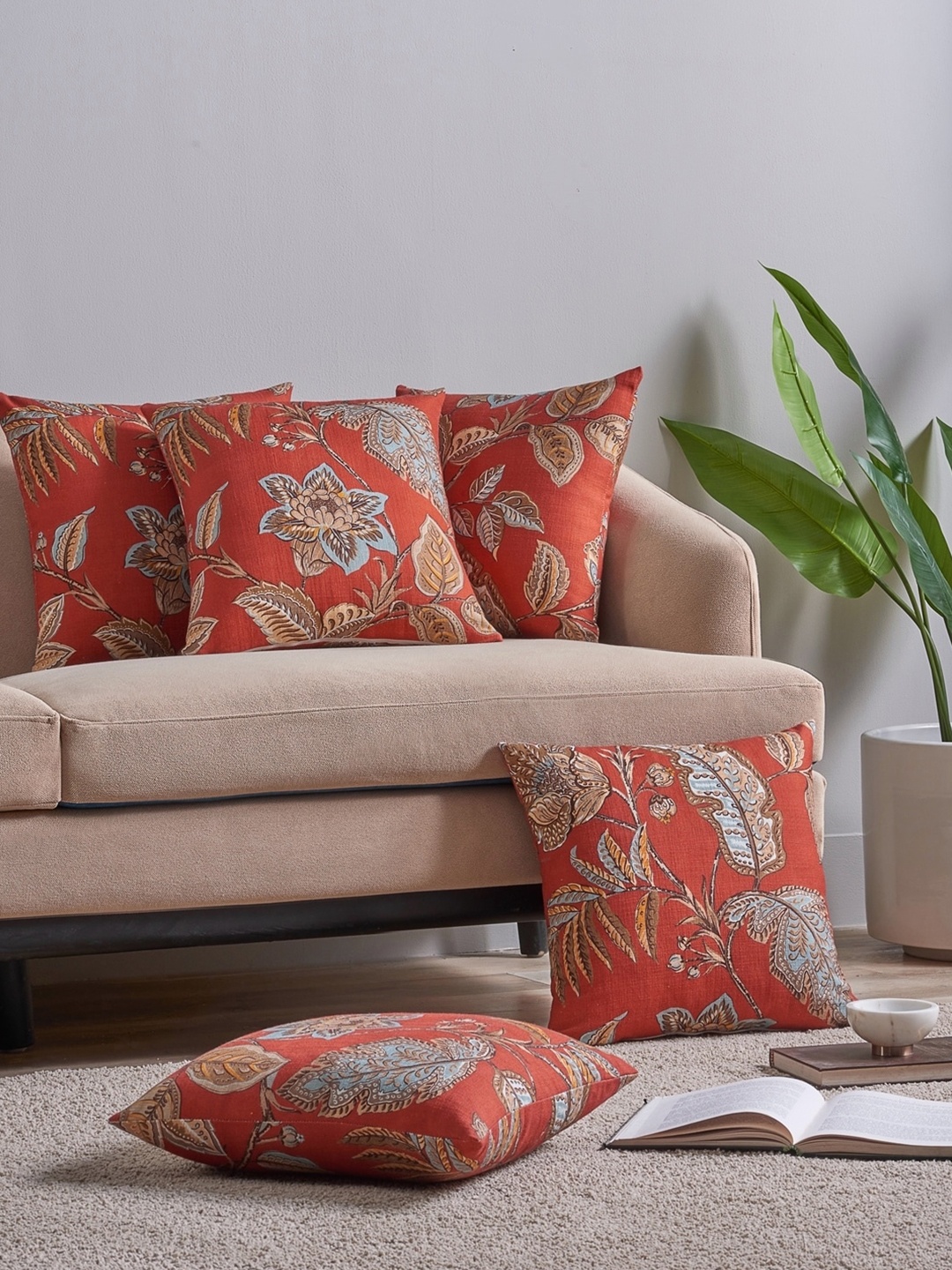 

DDecor Red & Beige Set of 5 Floral Square Cushion Covers