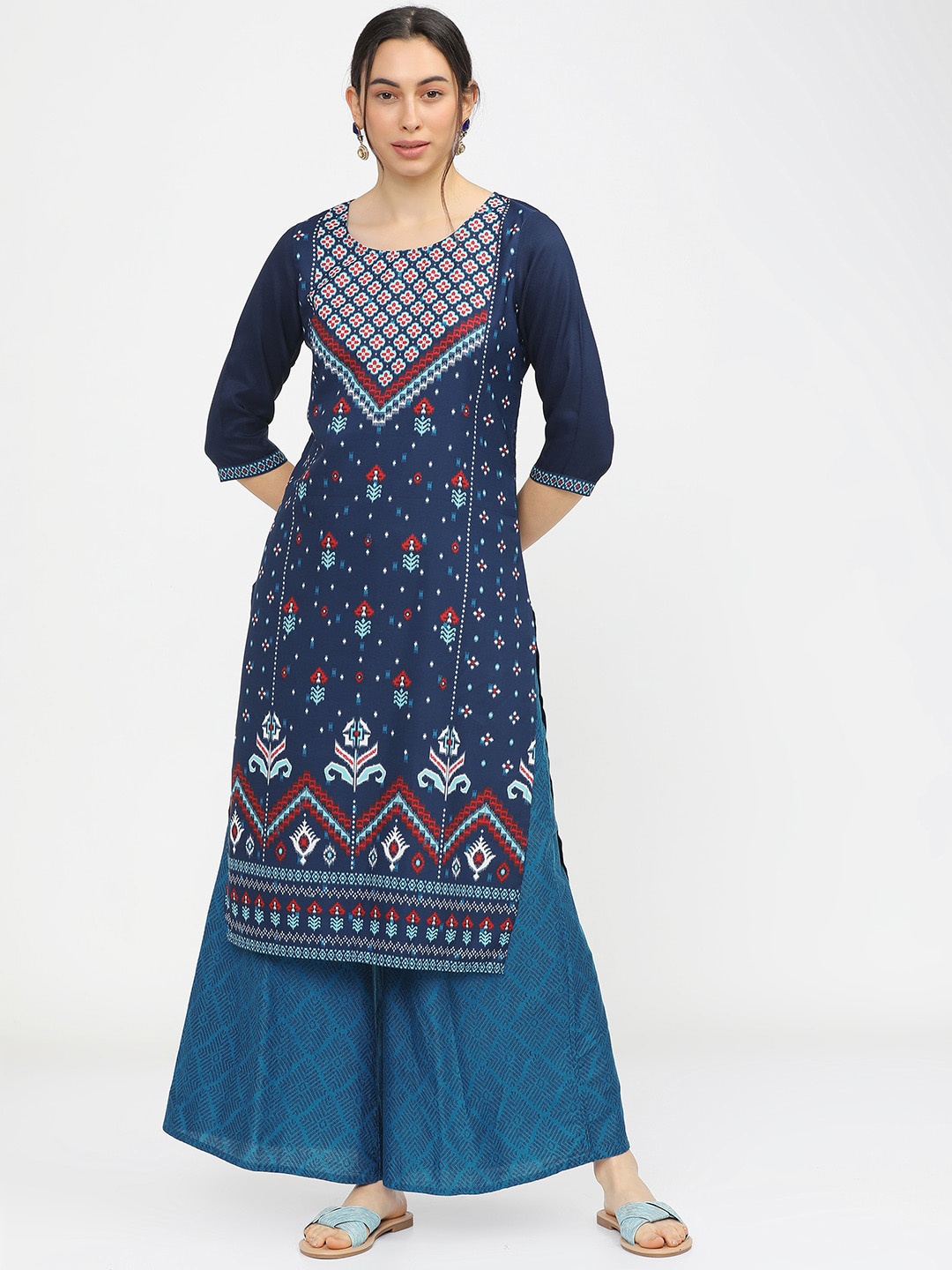 

KETCH Women Navy Blue Ethnic Motifs Printed Flared Sleeves Kurta