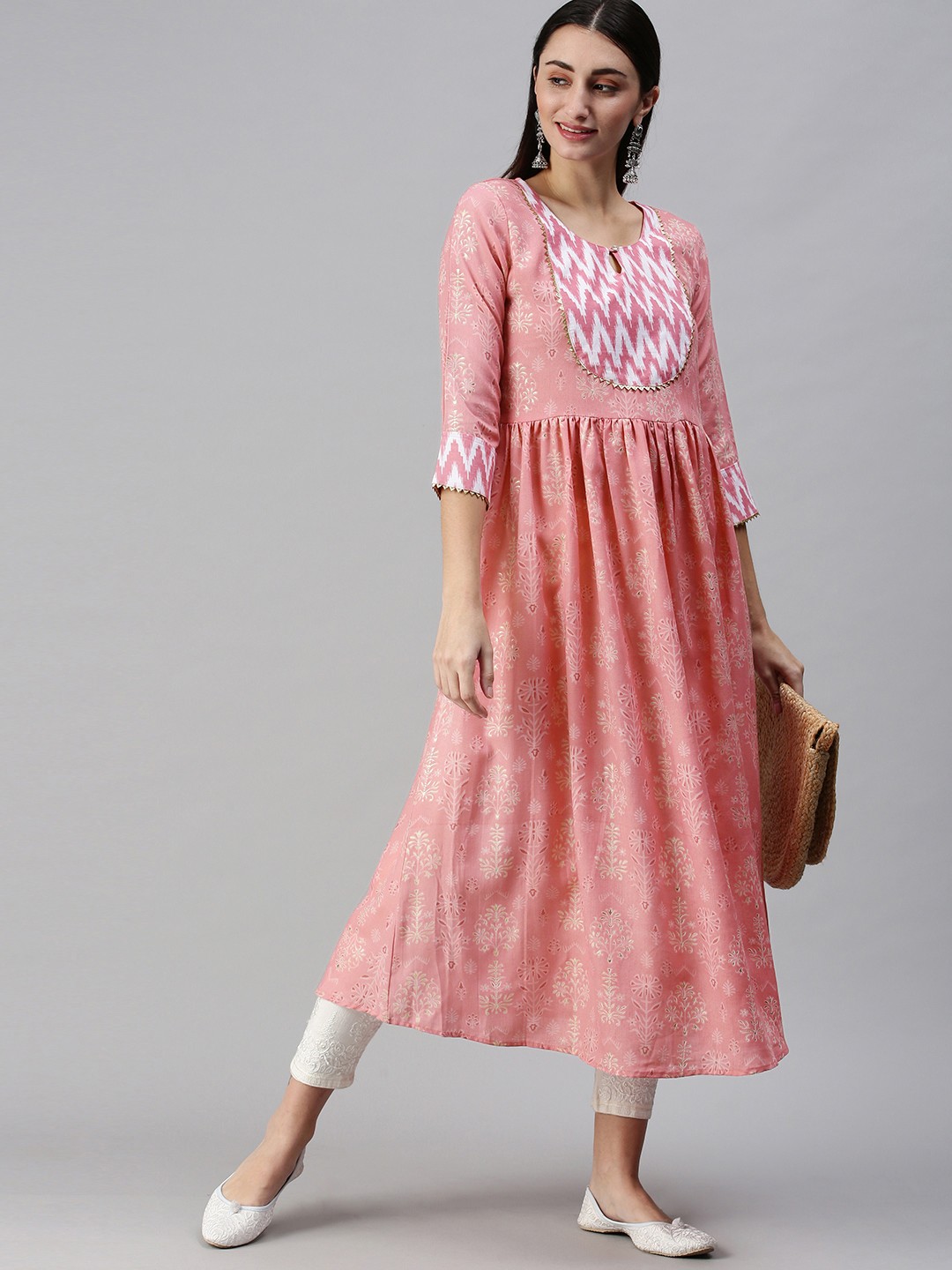 

SheWill Women Pink Ethnic Motifs Printed Keyhole Neck Gotta Patti Cotton Anarkali Kurta