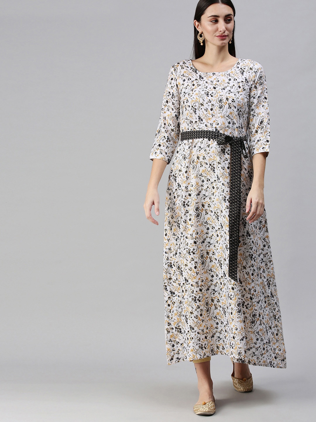 

SheWill Women White & Olive Green Floral Printed Belted Detail Cotton A Line Kurta