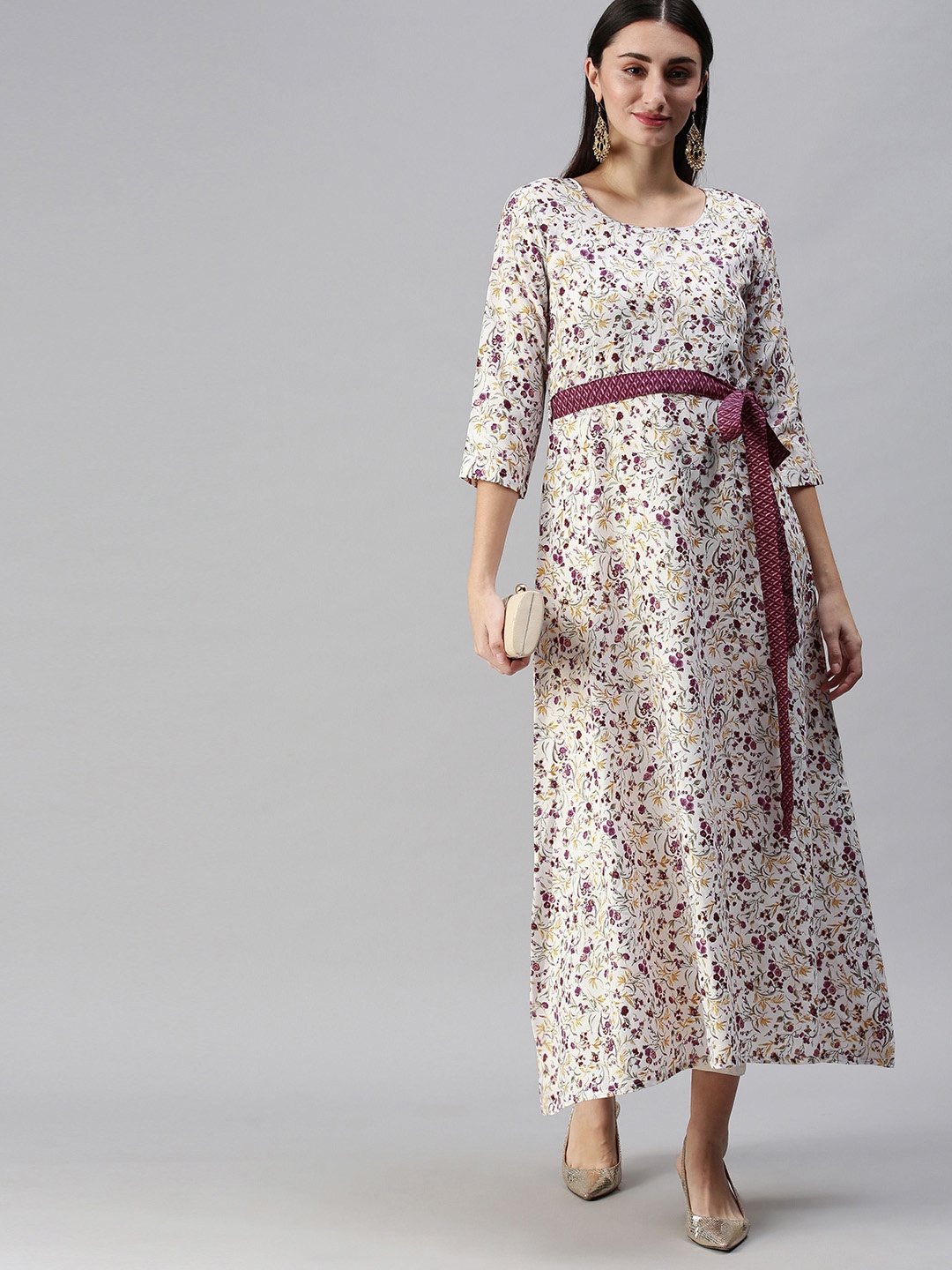 

SheWill Women White Floral Printed Round neck Belted Detail Cotton A Line Kurta