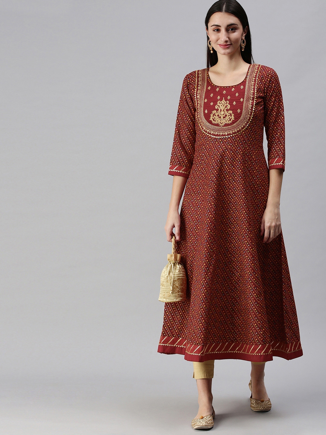 

SheWill Women Maroon Bandhani Printed Round Neck Zari Indie Prints Cotton Anarkali Kurta