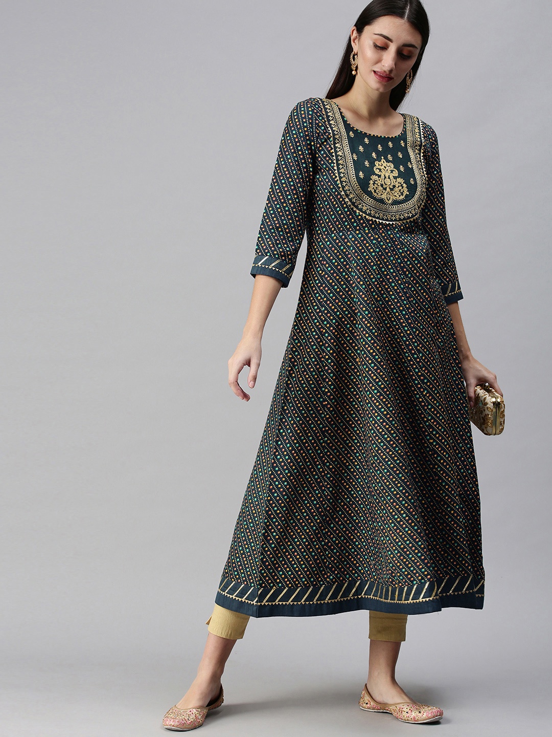 

SheWill Women Teal Blue Bandhani Printed Round Neck Zari Indie Print Cotton Anarkali Kurta