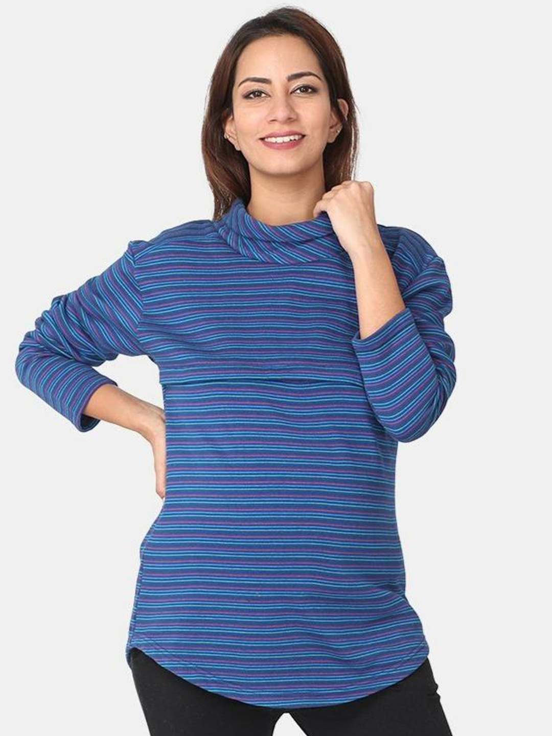 

The Mom Store Women Blue & Pink Striped Pure Cotton Maternity and Nursing Top