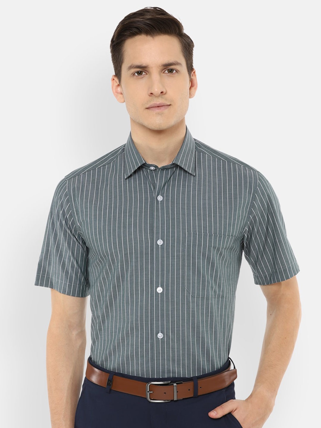 

Louis Philippe Men Grey Opaque Striped Formal Shirt