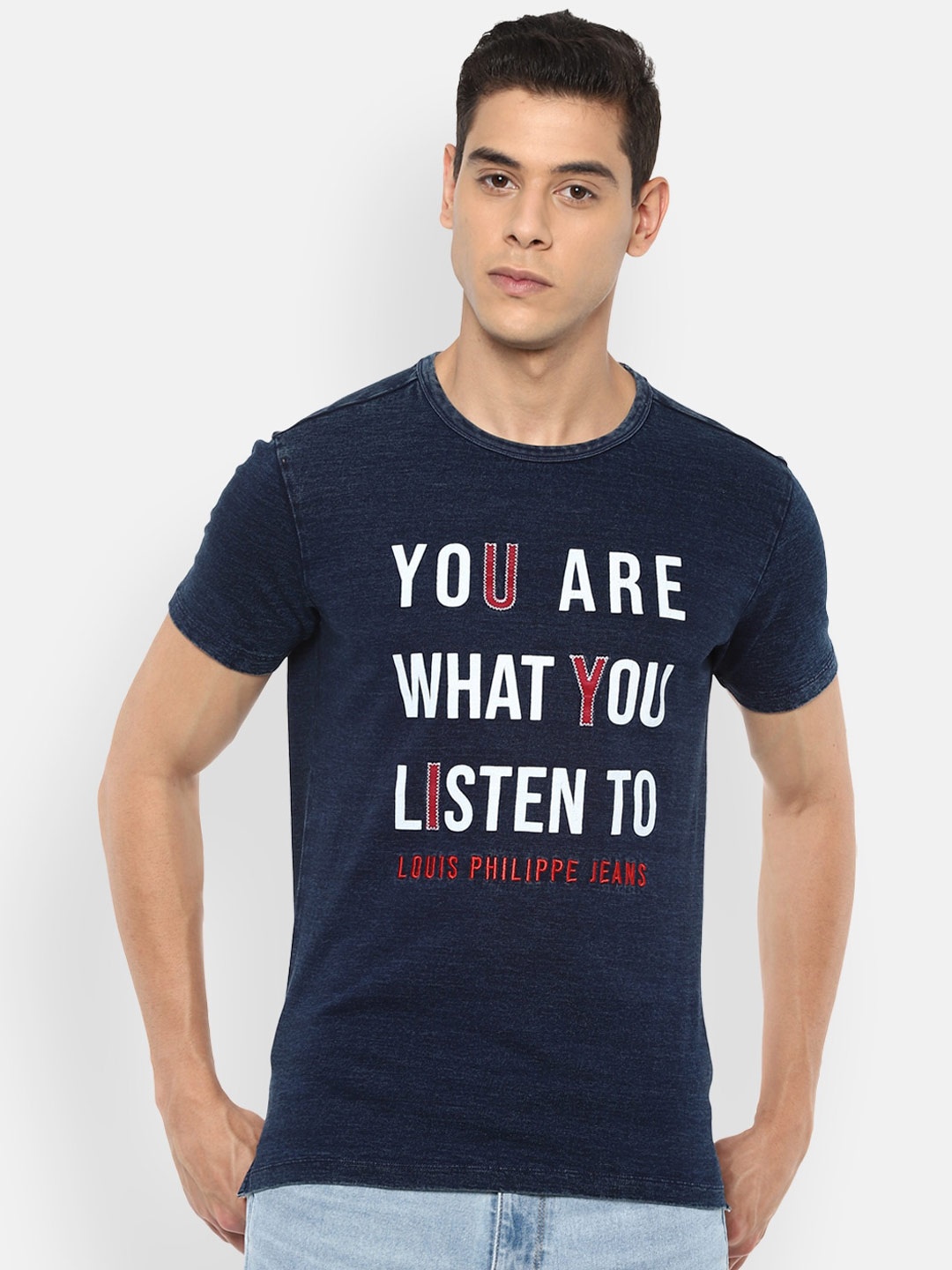 

Louis Philippe Jeans Men Navy Blue Typography Printed Slim Fit T-shirt