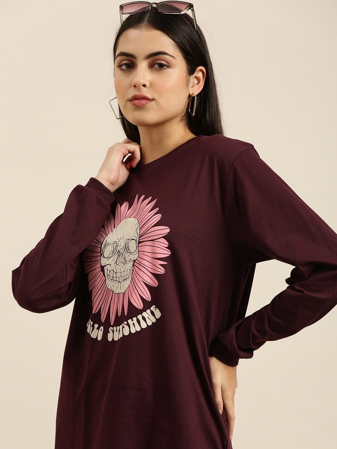 

Difference of Opinion Women Maroon Printed Loose T-shirt