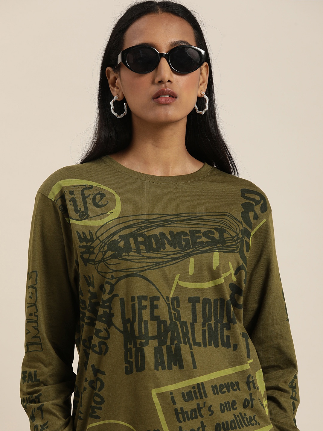 

Difference of Opinion Women Olive Green Typography Printed Oversized T-shirt