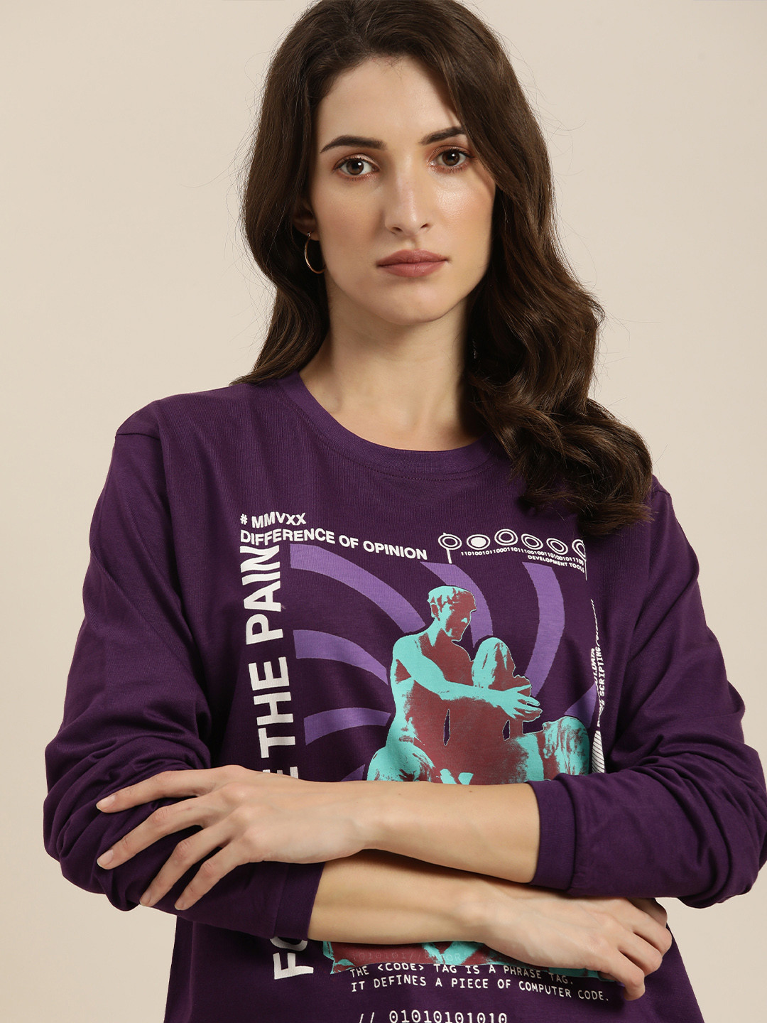 

Difference of Opinion Women Purple Printed Pure Cotton Loose T-shirt