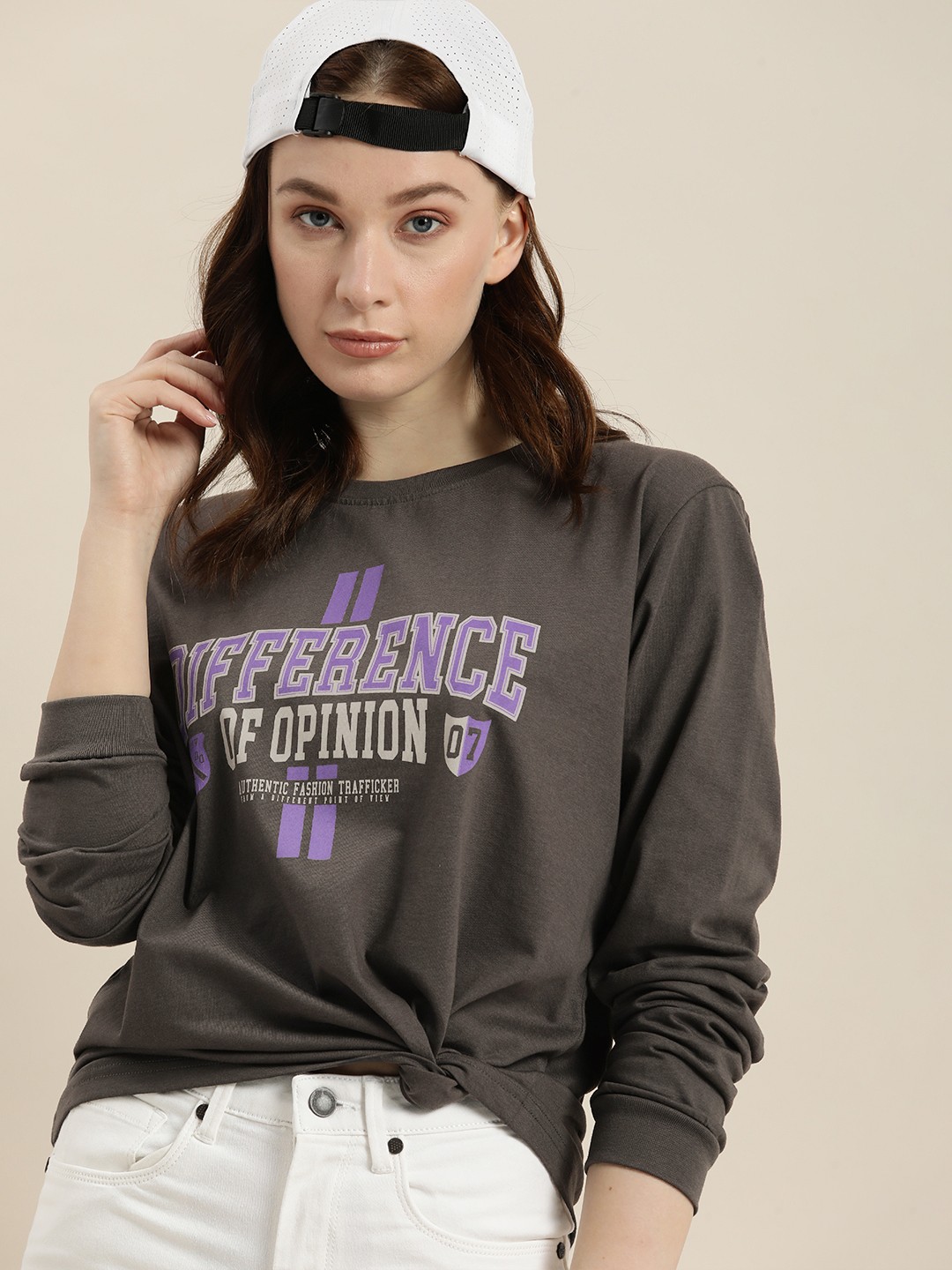 

Difference of Opinion Women Grey Printed Pure Cotton Boxy T-shirt