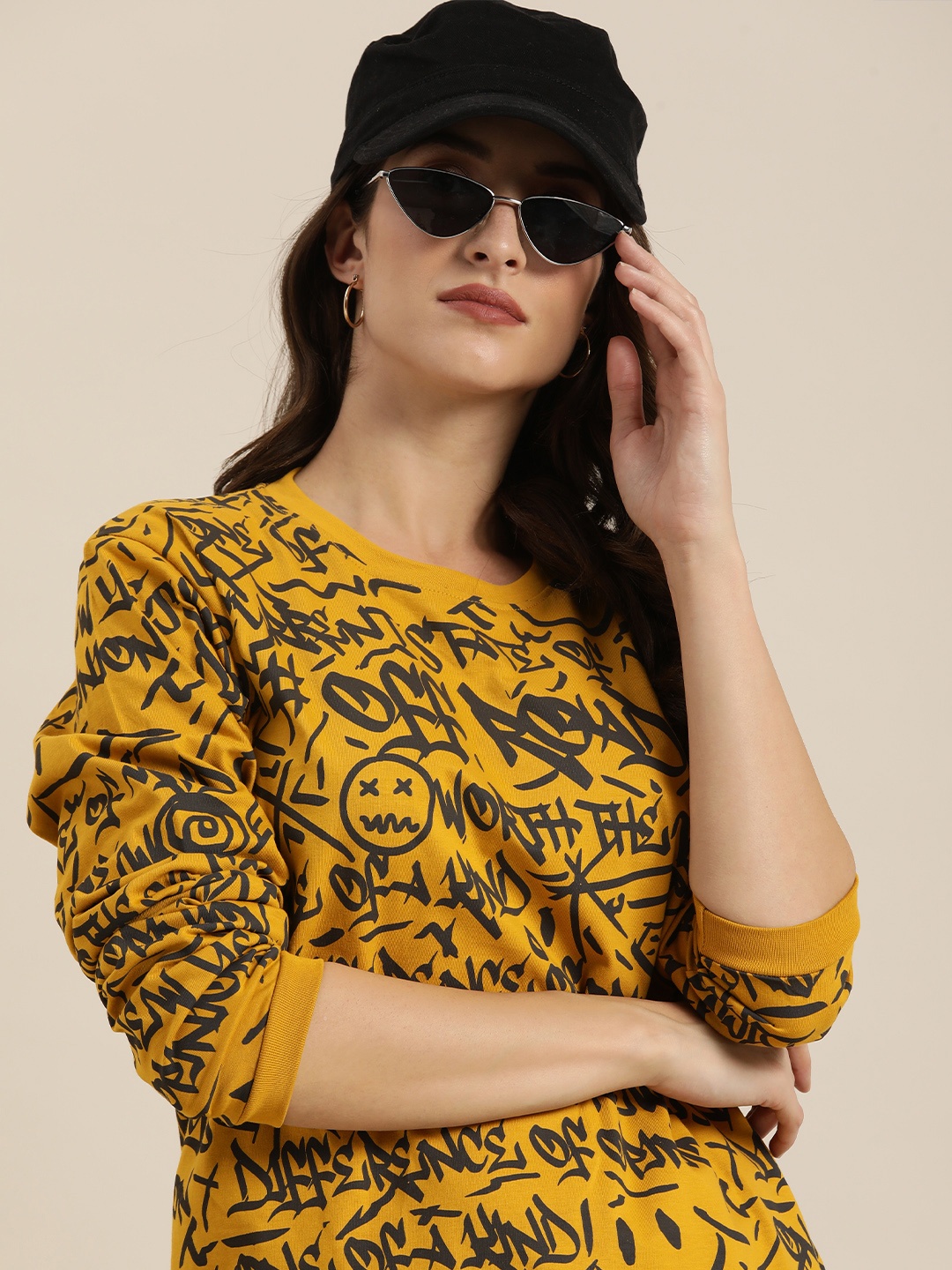 

Difference of Opinion Women Mustard Yellow Typography Print Cotton Oversized T-Shirt