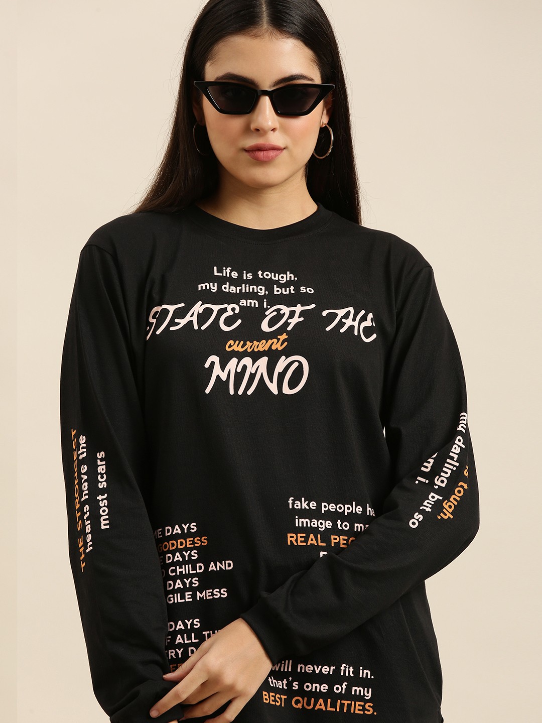 

Difference of Opinion Women Black Typography Printed Loose T-shirt