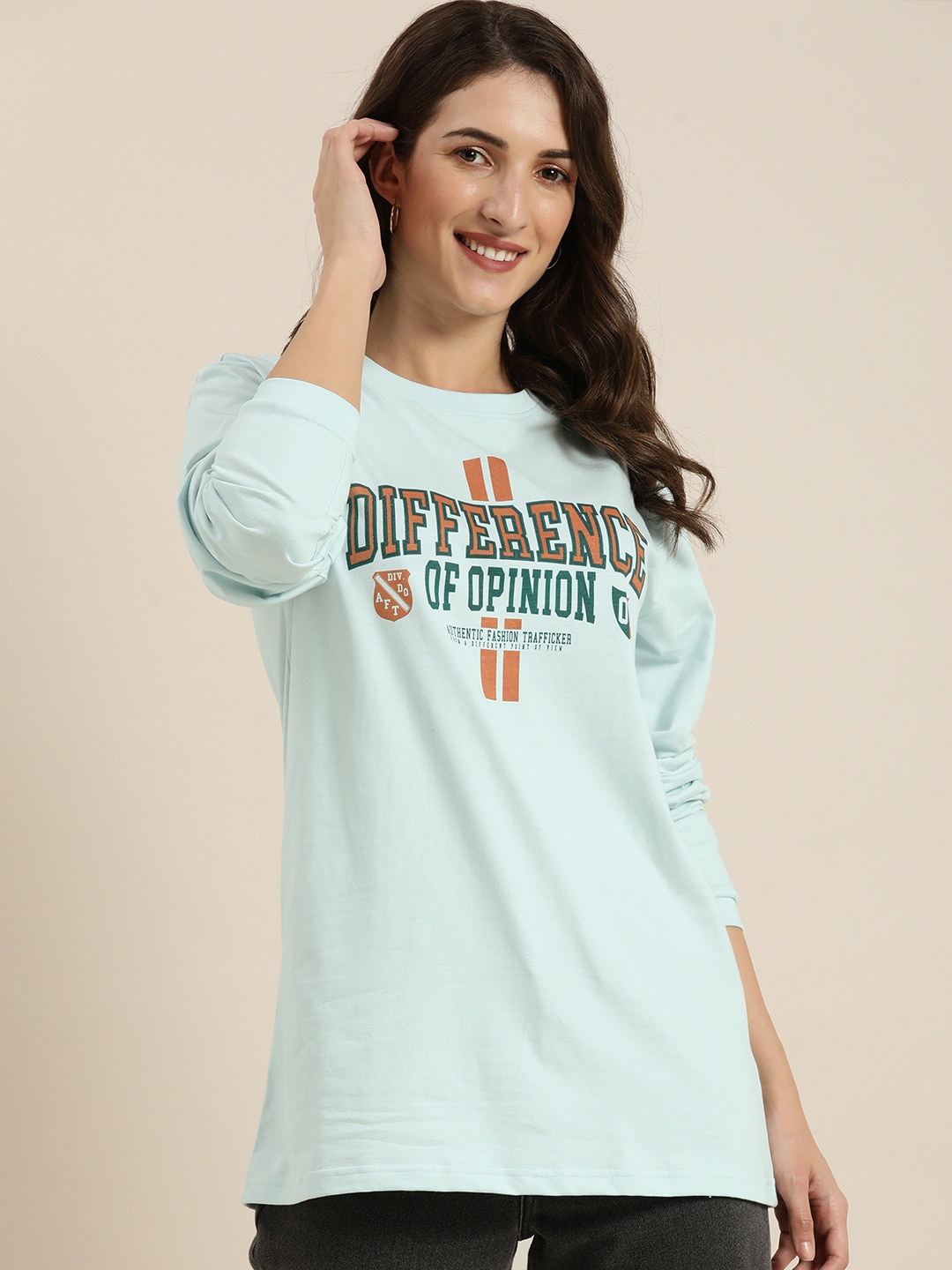 

Difference of Opinion Women Blue Printed Pure Cotton Loose T-shirt