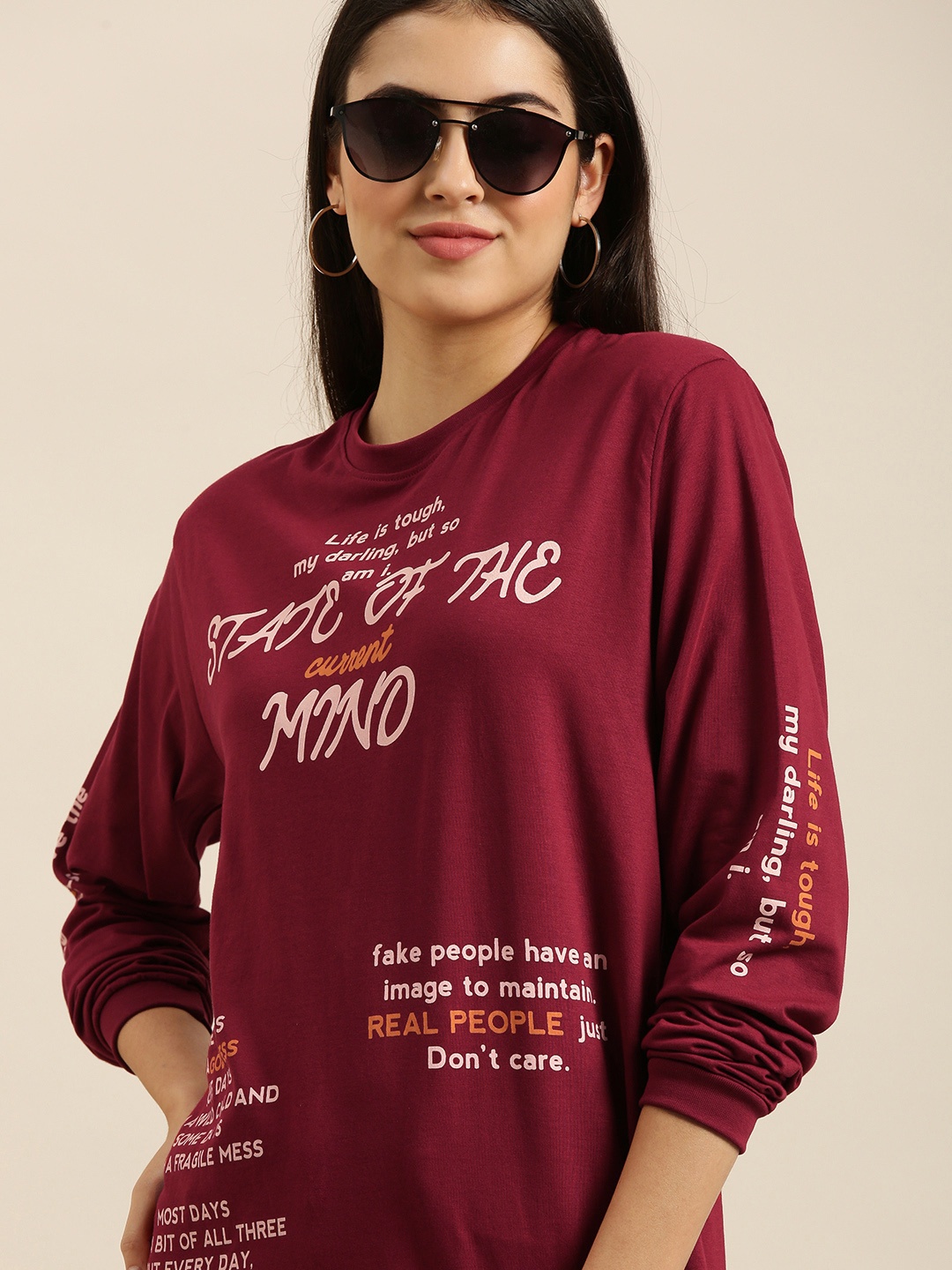 

Difference of Opinion Women Maroon Typography Printed Loose T-shirt