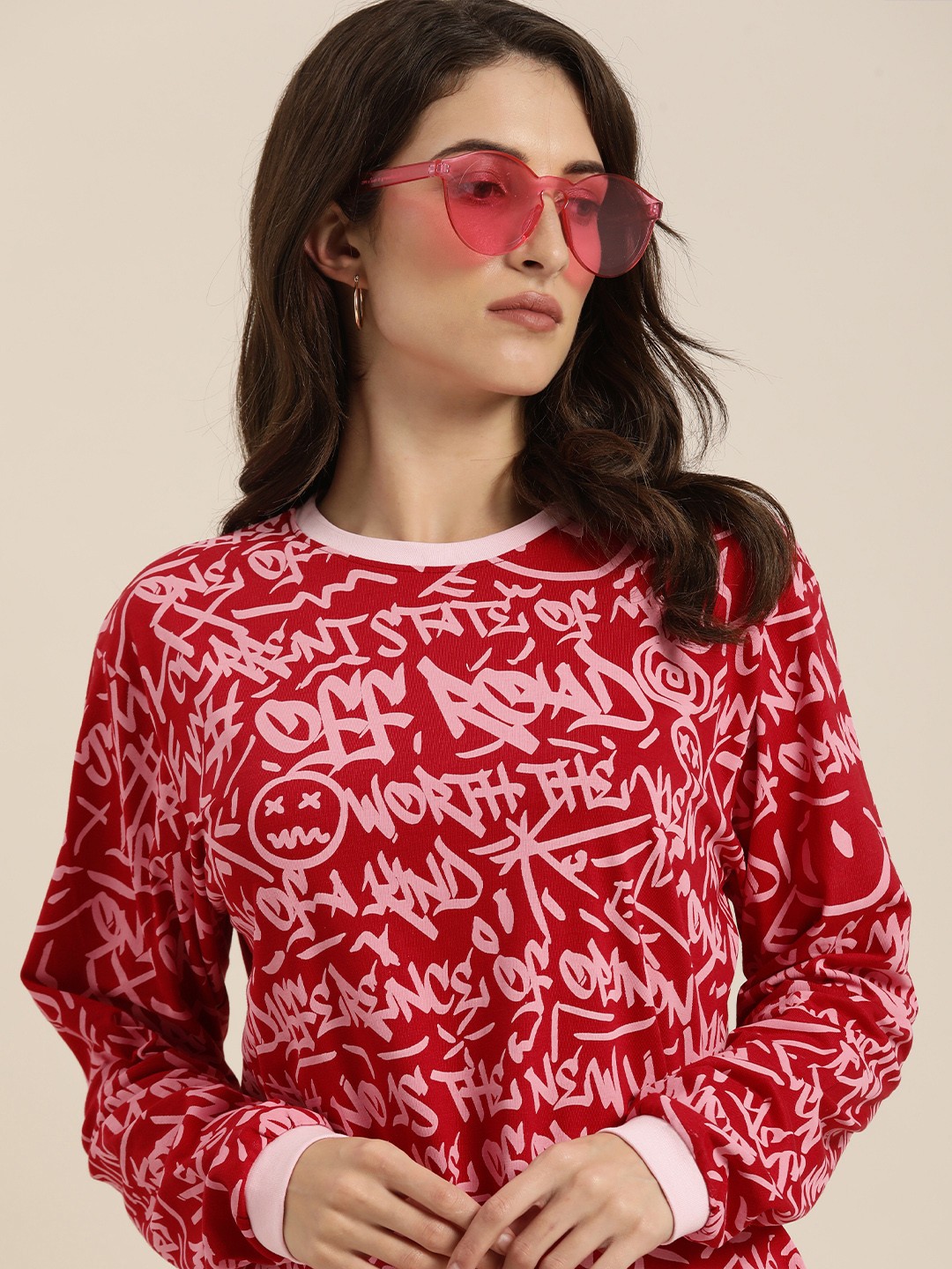 

Difference of Opinion Women Red Printed Loose T-shirt
