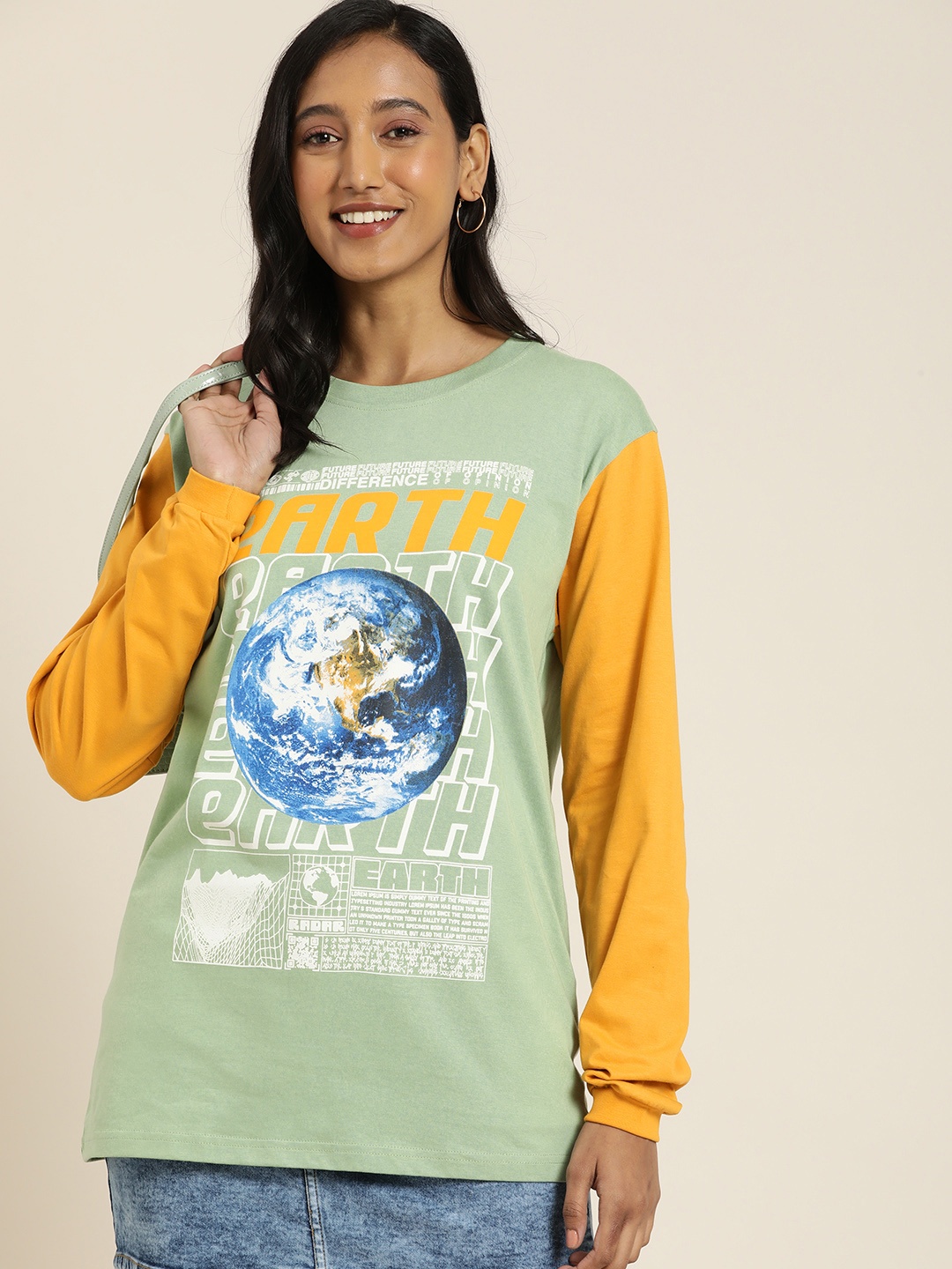 

Difference of Opinion Women Green & Blue Printed Oversized T-shirt