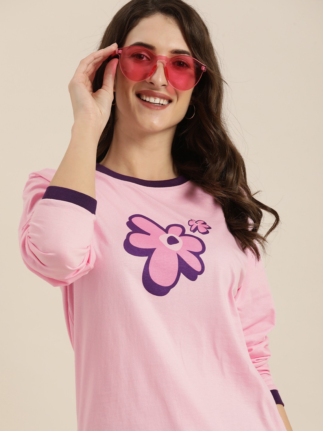 

Difference of Opinion Women Pink Floral Printed Pure Cotton Oversized T-Shirt