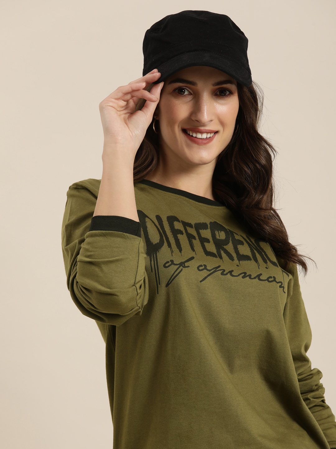 

Difference of Opinion Women Olive Green Typography Printed Loose T-shirt