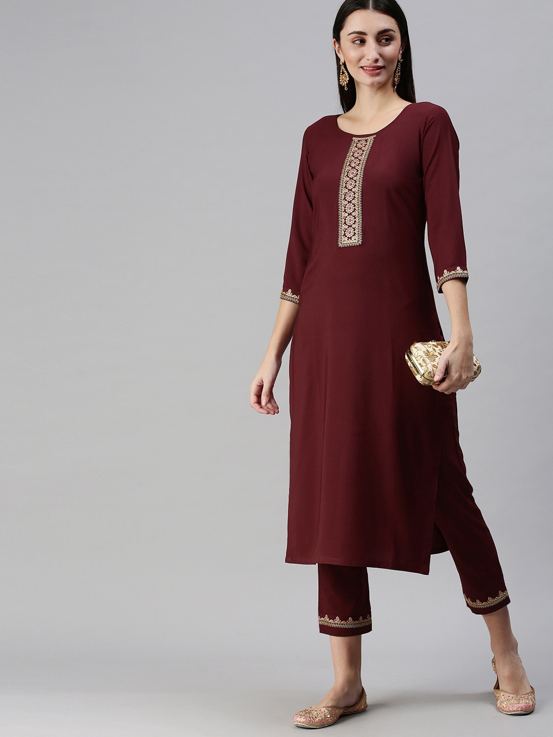 

SheWill Women Maroon Floral Yoke Design Regular Sequinned Kurta with Trousers