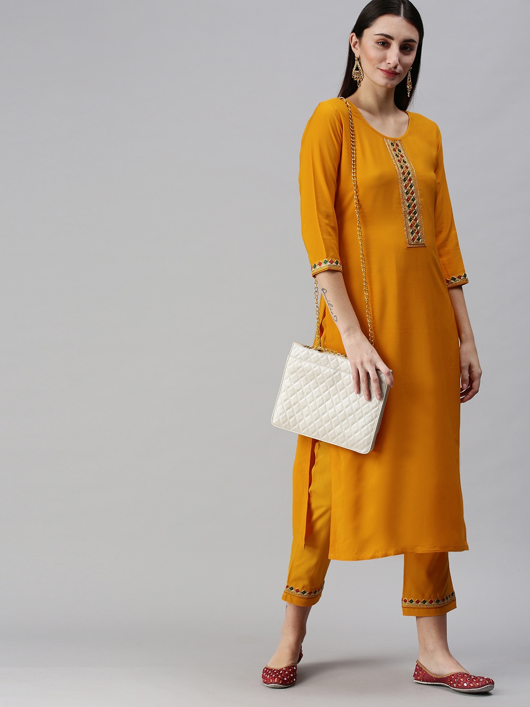 

SheWill Women Mustard Yellow Ethnic Motifs Yoke Design Sequinned Kurta with Trousers