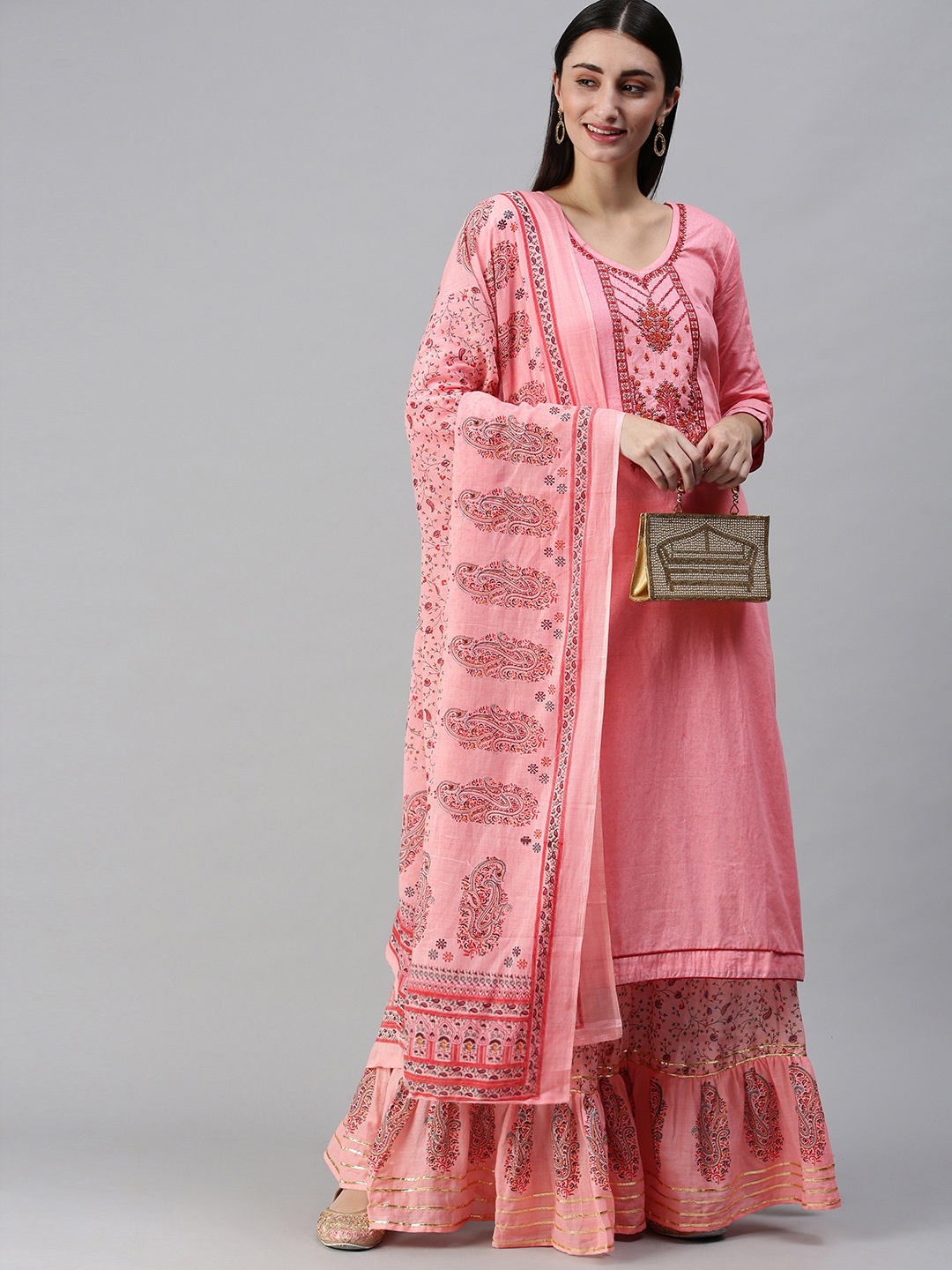 

SheWill Women Pink Ethnic Motifs Embroidered Gotta Patti Cotton Kurta with Sharara