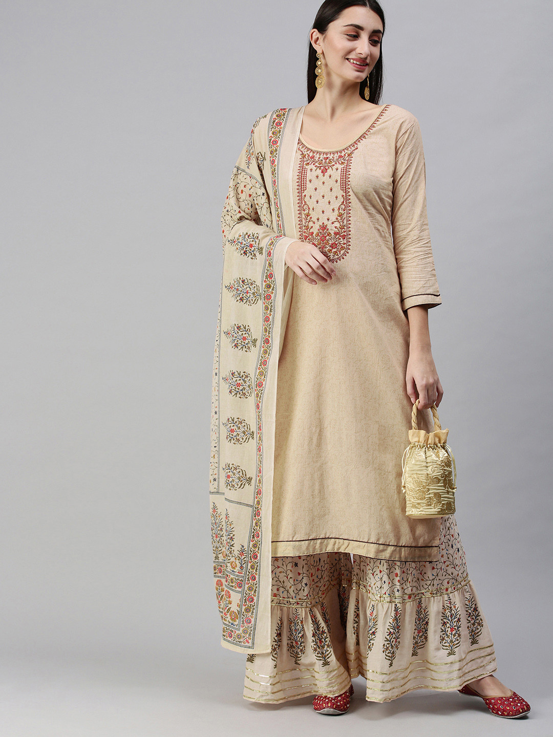 

SheWill Women Beige Ethnic Motifs Embroidered Cotton Kurta with Sharara & With Dupatta