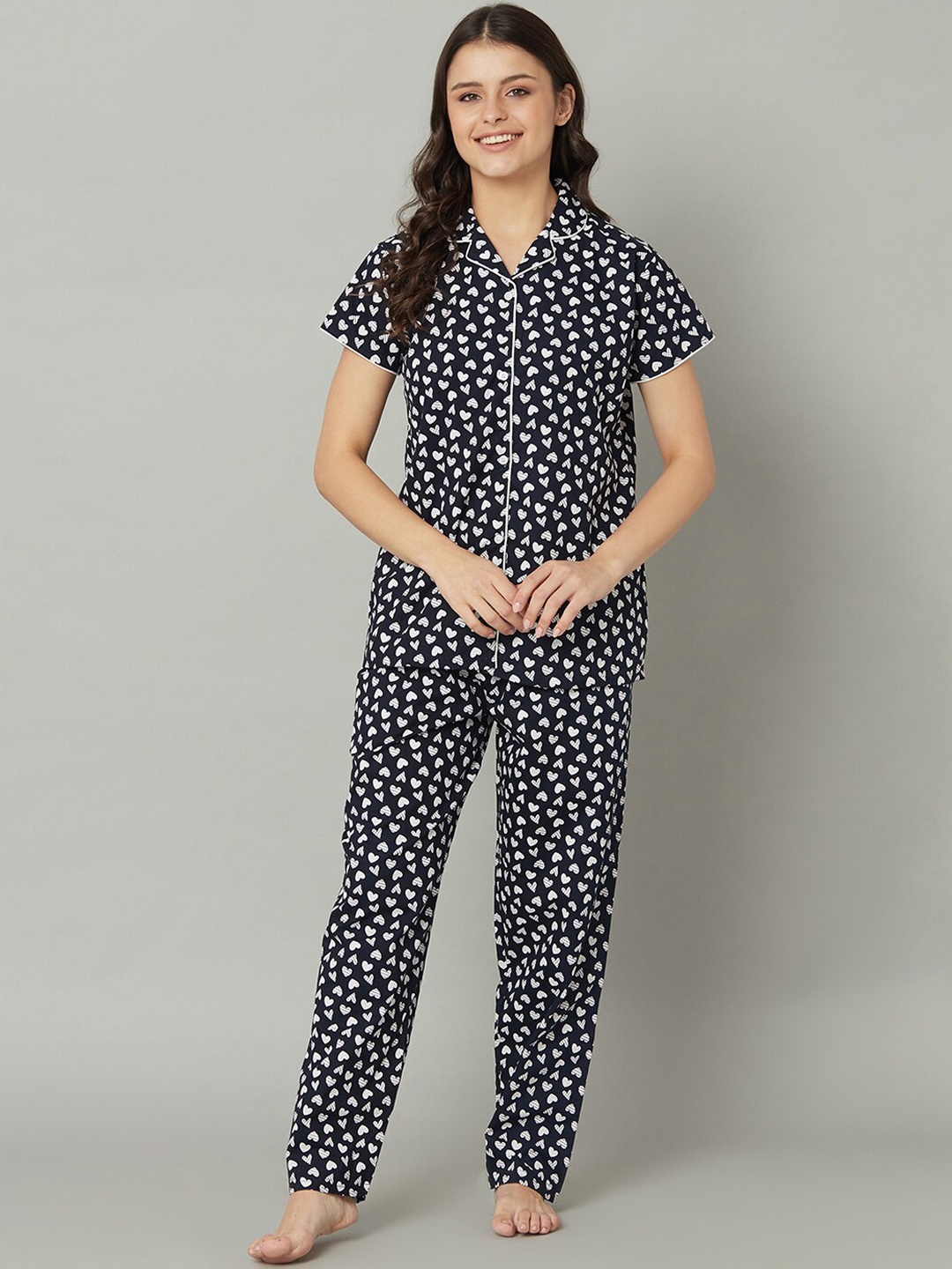 

TRUNDZ Women Navy Blue & White Printed Pure Cotton Night suit