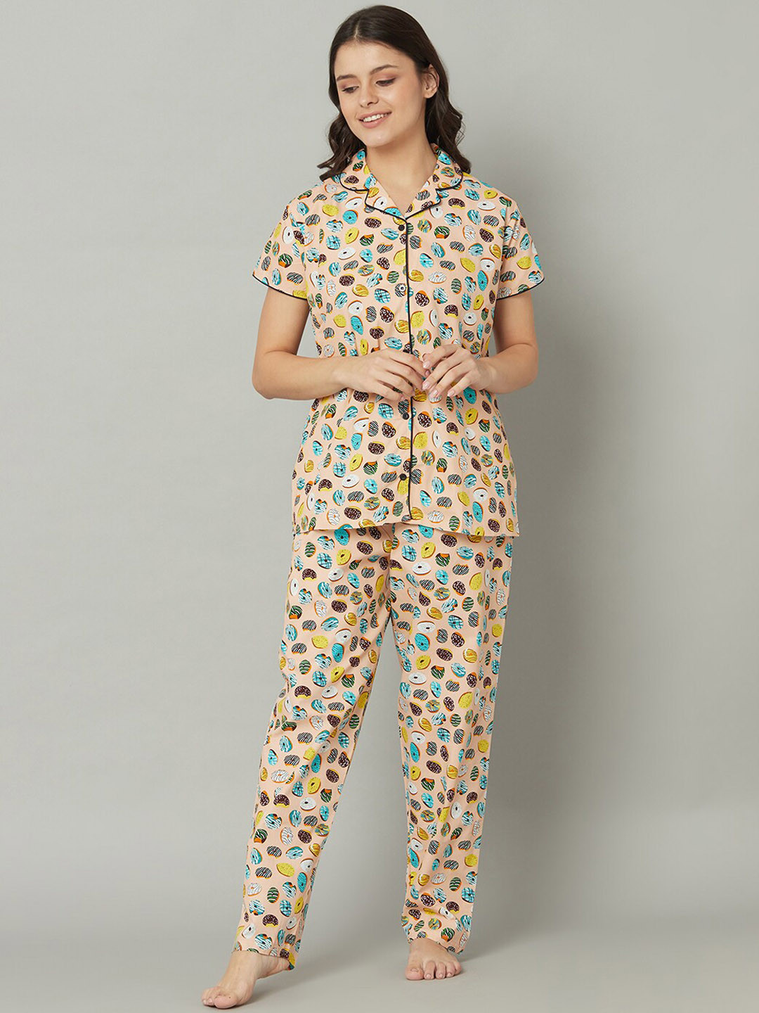 

TRUNDZ Women Peach-Coloured & Yellow Printed Pure Cotton 2 Pc Night Suit