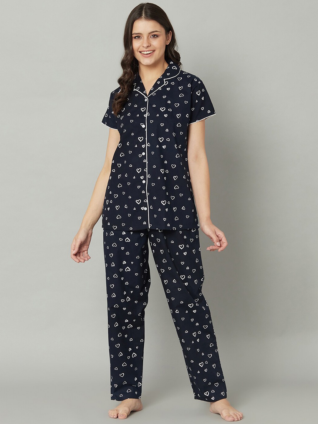 

TRUNDZ Women Navy Blue & White Pure Cotton Printed Night suit