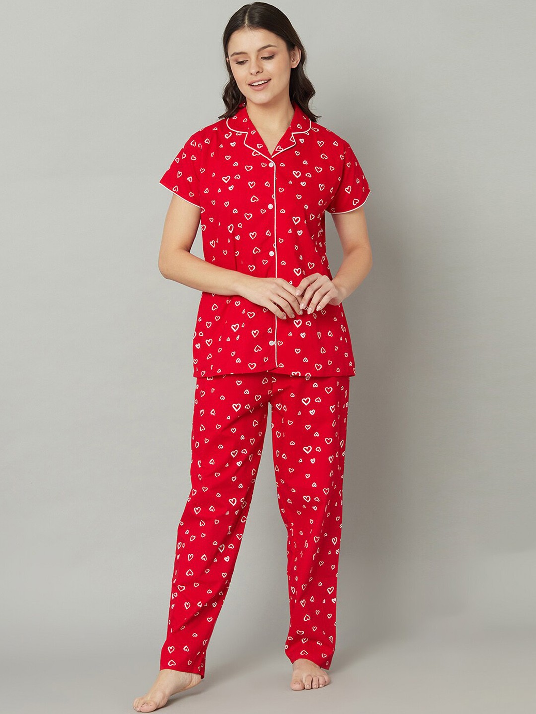 

TRUNDZ Women Red & White Printed Night suit
