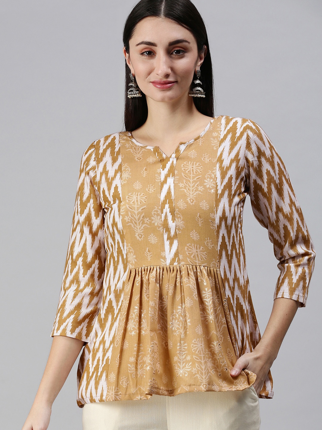 

SheWill Mustard Yellow & White Ethnic Motifs Printed Round Neck Regular Straight Kurti