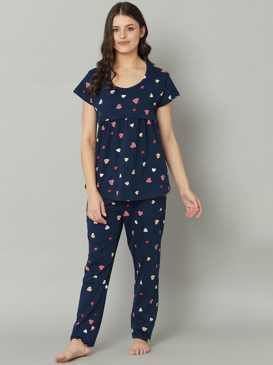

TRUNDZ Women Navy Blue & Pink Printed Pure Cotton Night suit
