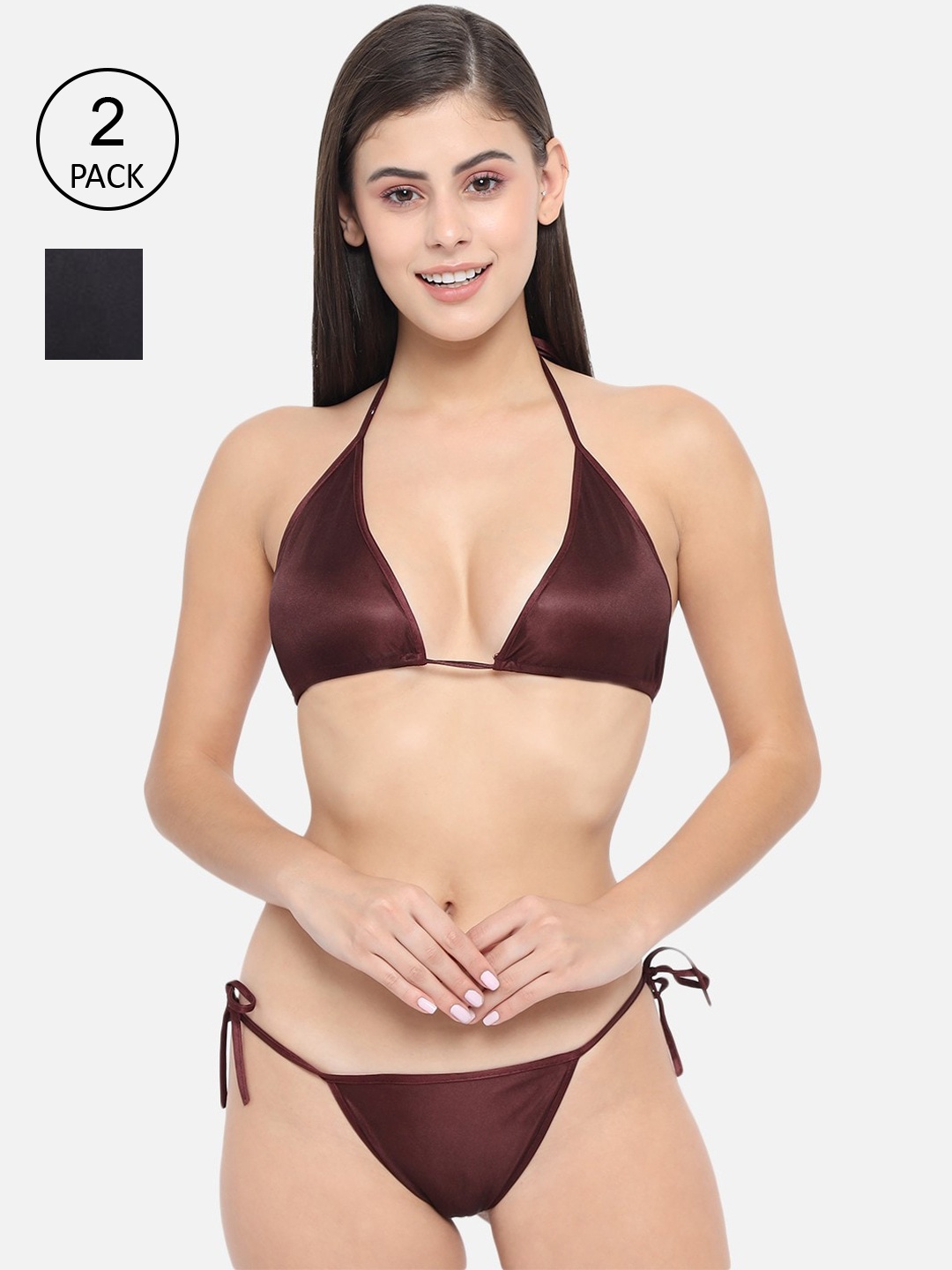 

Klamotten Women Pack Of 2 Solid Satin Lingerie Set 13U-11K, Burgundy