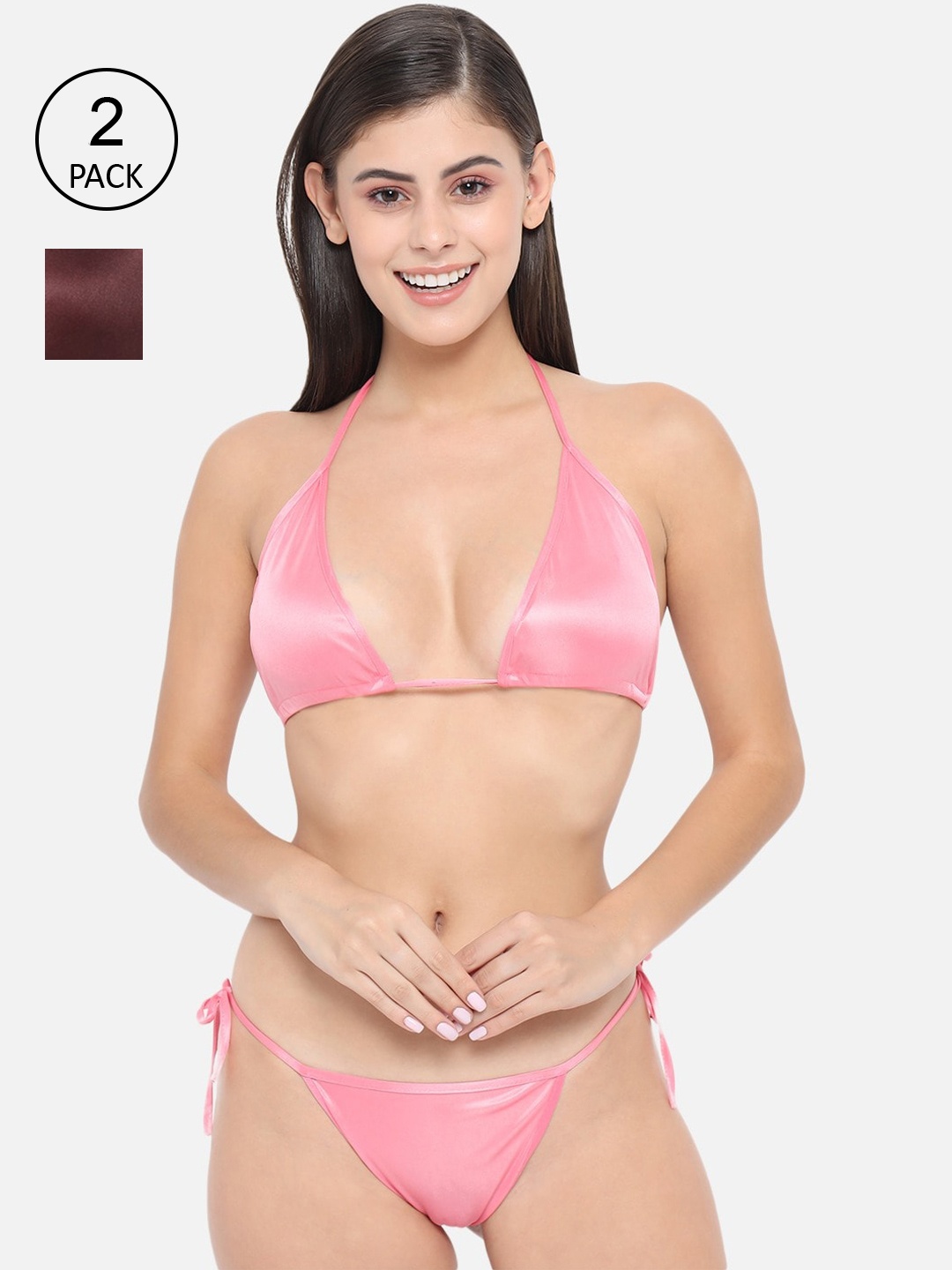 

Klamotten Women Pack Of 2 Pink & Brown Solid Satin Lingerie Set