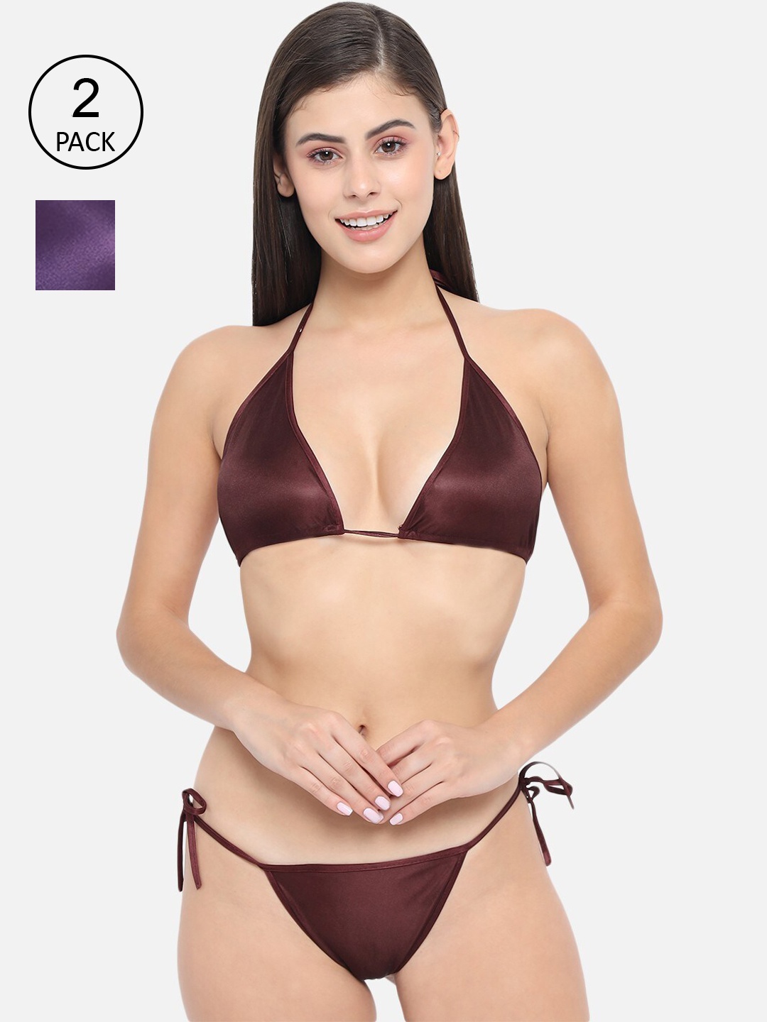 

Klamotten Women Pack Of 2 Solid Satin Lingerie Set 13U-11J, Burgundy