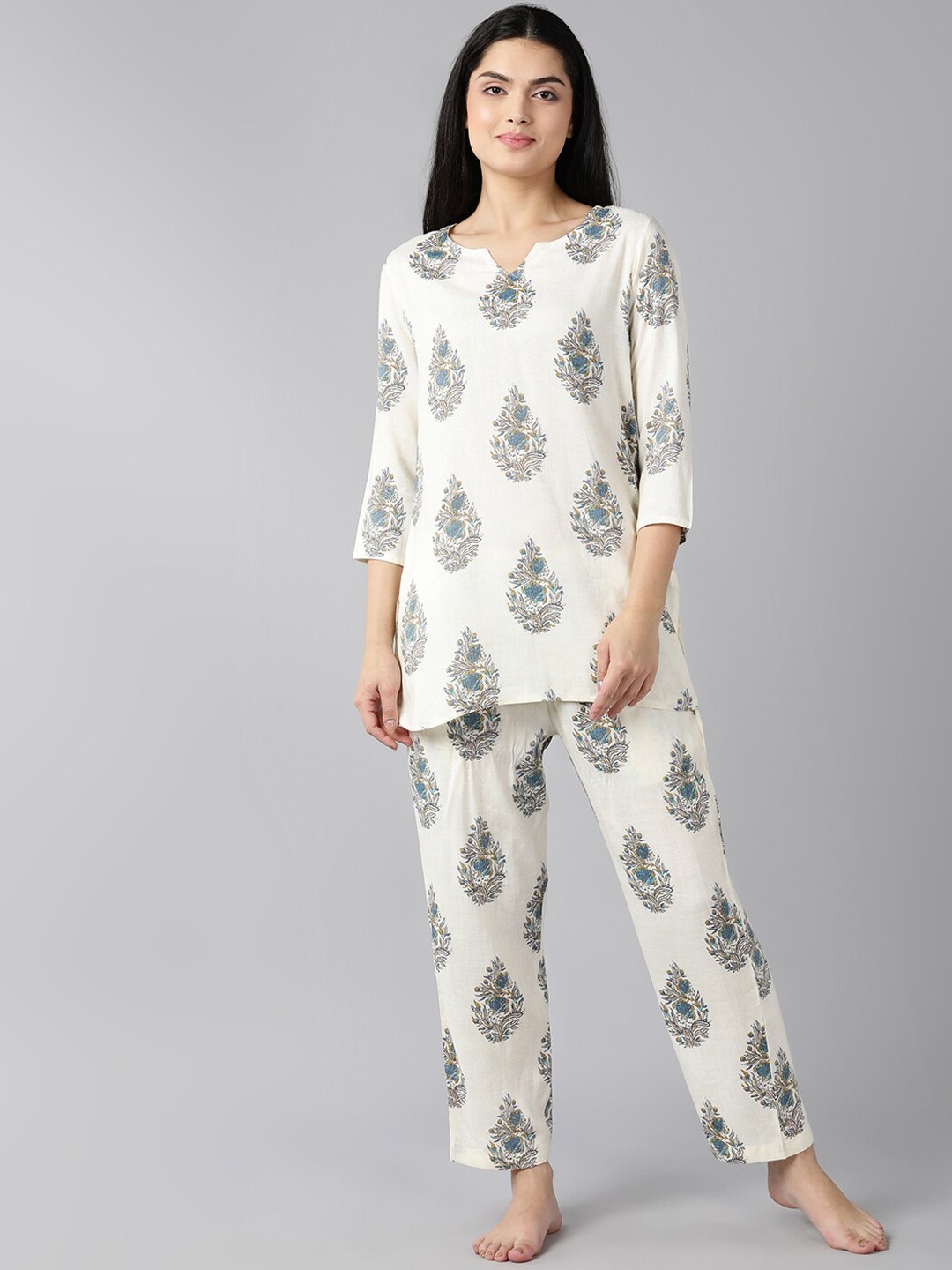 

AHIKA Women Off White & Blue Printed Pure Cotton Night suit