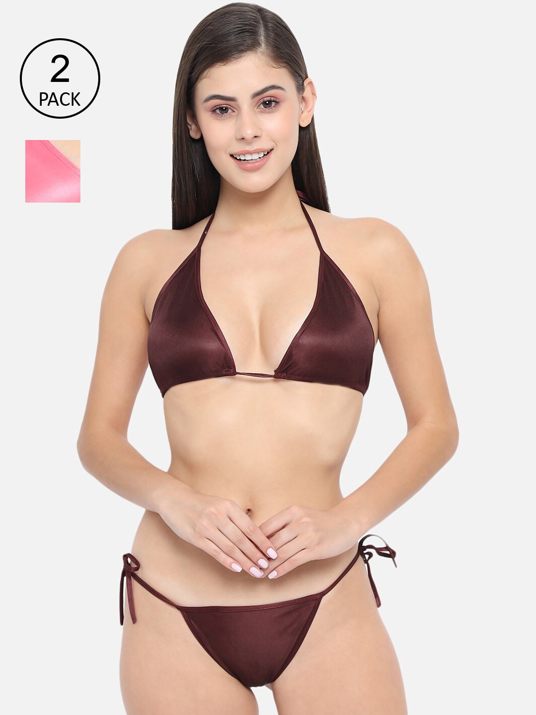 

Klamotten Women Pack Of 2 Solid Satin Lingerie Set 13U-11R, Burgundy